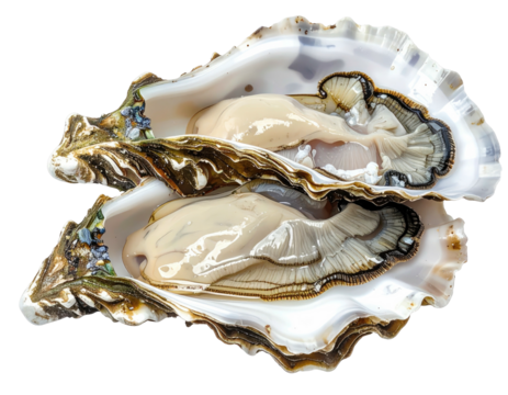 Two opened oyster shells, showcasing glistening meat against a black background