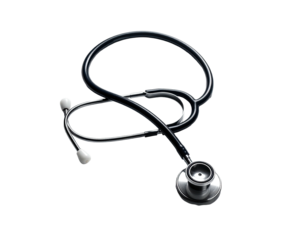 A shiny, modern medical stethoscope with its earpieces, tubes, and bell on a black background