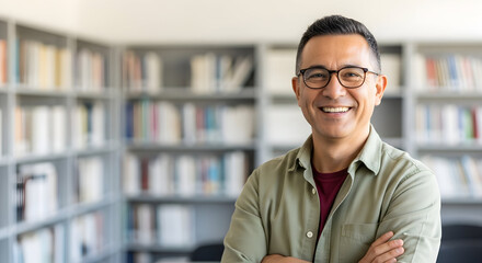 Confident Librarian Smiling In Library With Books Shelves In Background  Positive Middle Aged Man Working In Bookstore Educational Concept 150 Chars
