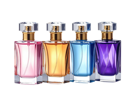 Four colorful perfume bottles with geometric facets, gold accents, and clear caps