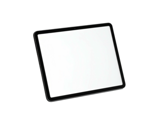 Angled tablet floating against black background, screen blank, camera visible