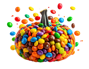 A pumpkin covered in colorful candy with some candies floating around
