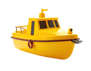 Bright yellow toy boat isolated against black background, perfect lighting