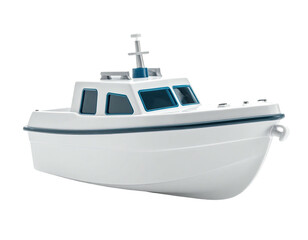 A white motorboat, side view, with a blue trim and windows on a transparent background