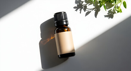 Essential Oil Bottle Mockup Under Sunlight for Health and Wellness Brand Promotion Natural Aromatherapy Product Presentation on White Background