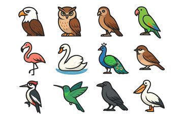 Obraz premium Colorful cartoon birds collection featuring eagle, owl, parrot, and more