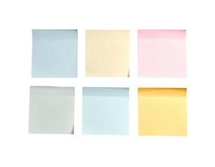 Six colorful sticky notes arranged in a grid, against a stark black background