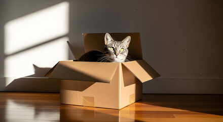 Domestic Pet Comfort Cat in Cardboard Box Playful Feline Friend Home Interior Joyful Companion Sunlight Warmth Kitty Relaxation Happy Pet Indoors
