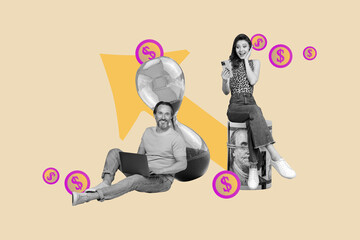 Image trendy art banner collage of happy business partners girls men stand arrow progress dollar coin achievement transaction profit