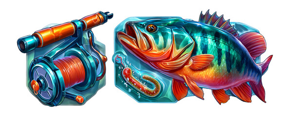 Glossy Cartoon 3D Illustration of a Fish and Fishing Gear Isolated Background