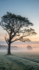 Obraz premium Solitary Tree in Misty Sunrise Field – Tranquil Nature Landscape