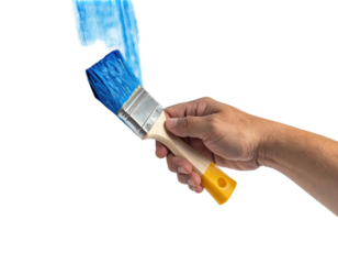 A hand holds a paintbrush, applying vibrant blue paint on a blank surface