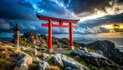 Red Gate on Rocky Mountain with Dramatic Sky at Sunset