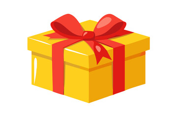 Obraz premium Bright yellow gift box tied with a red ribbon and bow