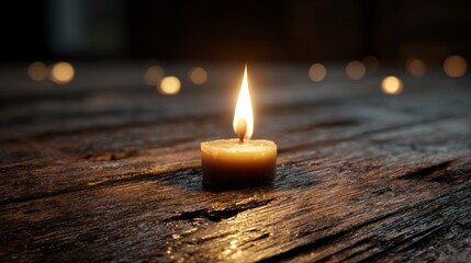 Single candle light on wooden surface