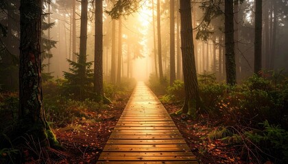 Ethereal Forest Scene with Wooden Path and Golden Sunlight Beaming Through Trees In Natural Ambient Lighting on Overcast and Moody Day