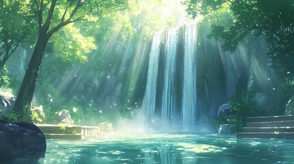 Lush waterfall cascading into a serene pool in a forest