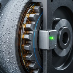 rotating industrial gear/bearing with a layer of golden oil/lubricant and a glowing green sensor embedded near the mechanism, all covered in water droplets/moisture.