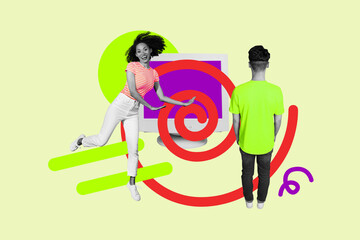 Full art trendy photo collage of happy girl guy stand pc monitor hypnosis brainwash propaganda concept addiction technology