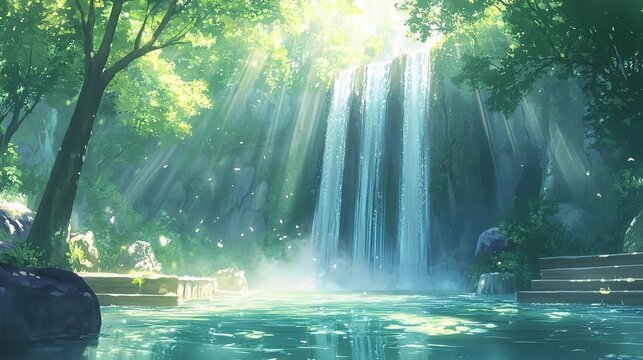 Lush waterfall cascading into a serene pool in a forest - Powered by Adobe