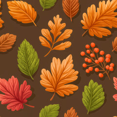 Obraz premium Autumn Leaves: Capturing the essence of autumn, a vibrant array of colorful leaves gracefully scatters across a deep brown backdrop.