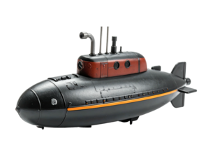 A detailed, close-up of a dark, retro submarine on a solid black background