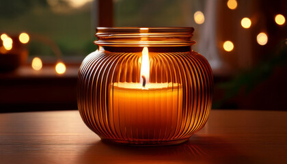 A Lit Candle In A Ribbed Amber Glass Jar Casts A Warm Inviting Glow Perfect For Creating A Cozy Atmosphere Or Adding Elegant Decor
