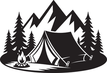 Black and White Silhouette of a Mountain Camping Scene with Tent, Campfire, and Trees mountains