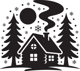 Black Silhouette of a Cozy Log Cabin in a Snowy Forest Scene with Moon and Snowflakes house winter