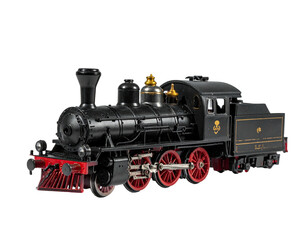 Naklejka premium Black miniature steam locomotive with red wheels and detailing, isolated on black