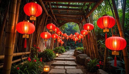 Red Lanterns Illuminating Path Through Bamboo Grove with Lush Greenery