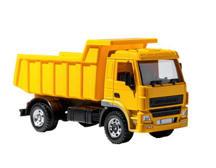 A bright yellow toy dump truck against a black backdrop, side view