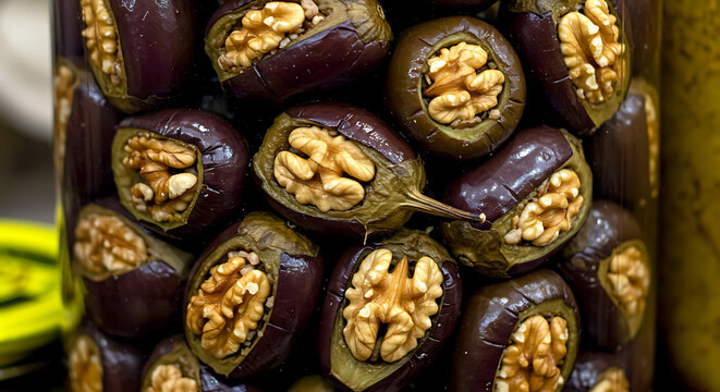 Middle Eastern Makdous. oil-cured baby eggplants stuffed with walnuts and garlic, in a glass jar 