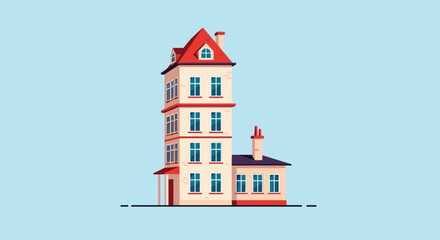 Naklejka premium A tall and narrow residential building with a pointed red roof on a light blue background.