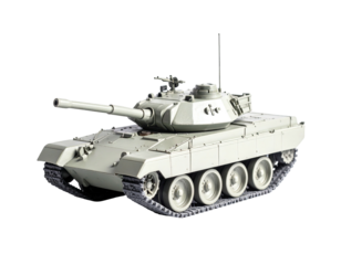 A light-colored military battle tank with a long cannon, tracks, and a turret