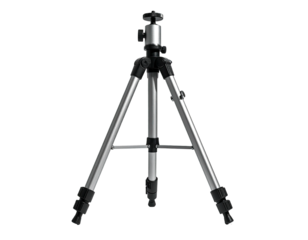 Silver and black photographic equipment. A three-legged stand