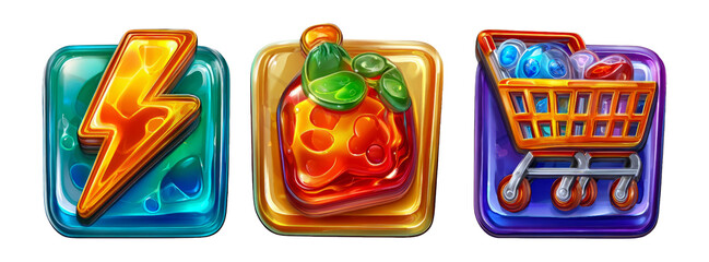 Glossy 3D Cartoon Icons with Colorful Theme and Unique Shapes