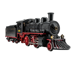 A detailed, black and red vintage steam train model, isolated on a black background