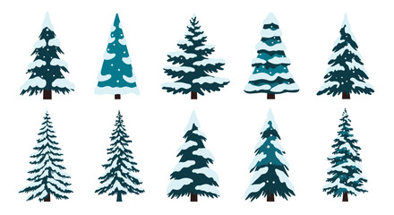 Obraz premium A collection of ten festive pixel art evergreen trees dusted with snow for winter decoration.