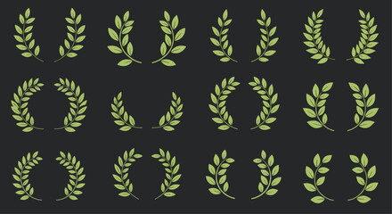 A collection of laurel wreath icons in varying shapes and sizes.