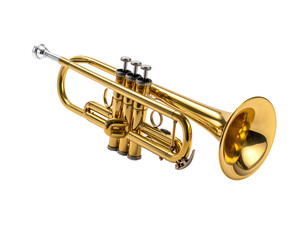 Obraz premium Polished brass wind instrument, valves and bell visible against a transparent background