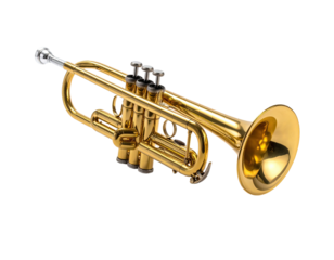 Polished brass wind instrument, valves and bell visible against a transparent background