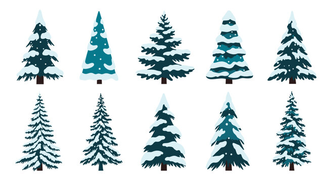A collection of ten festive pixel art evergreen trees dusted with snow for winter decoration.