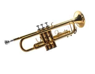 Gleaming golden brass instrument; poised, angled, on black