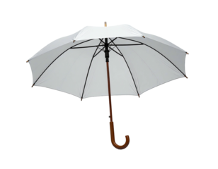 Open white umbrella with wooden handle and black support structures