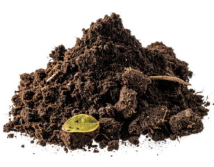 A dark brown mound of rich soil with bits of organic matter and a leaf