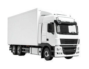 A white semi-truck with a cargo container isolated on a black background