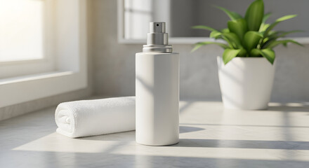 Elegant Spa Sanctuary: Modern Minimalism for Wellness Beauty and Personal Care Product Mockup for Relaxing Moment Peaceful Bathroom Setting and Plant Decor