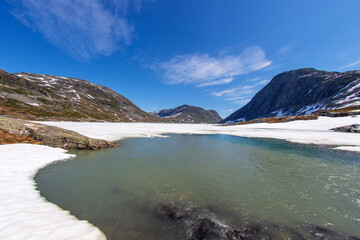 Djupvatnet lake. Norway. Summer snow and ice