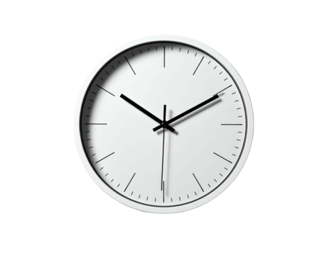 Minimalist white clock face with black hands, casting a subtle shadow, isolated on black